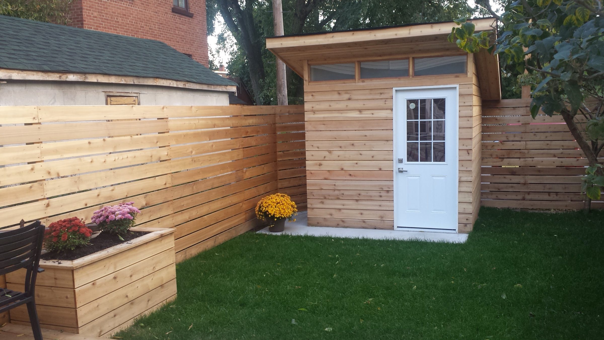 Wooden shed with white door in backyard