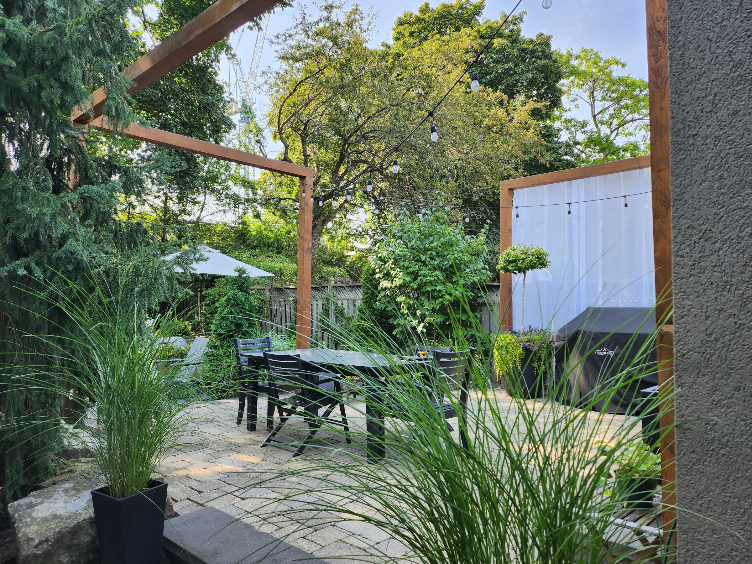 Modern backyard patio with greenery and furniture.