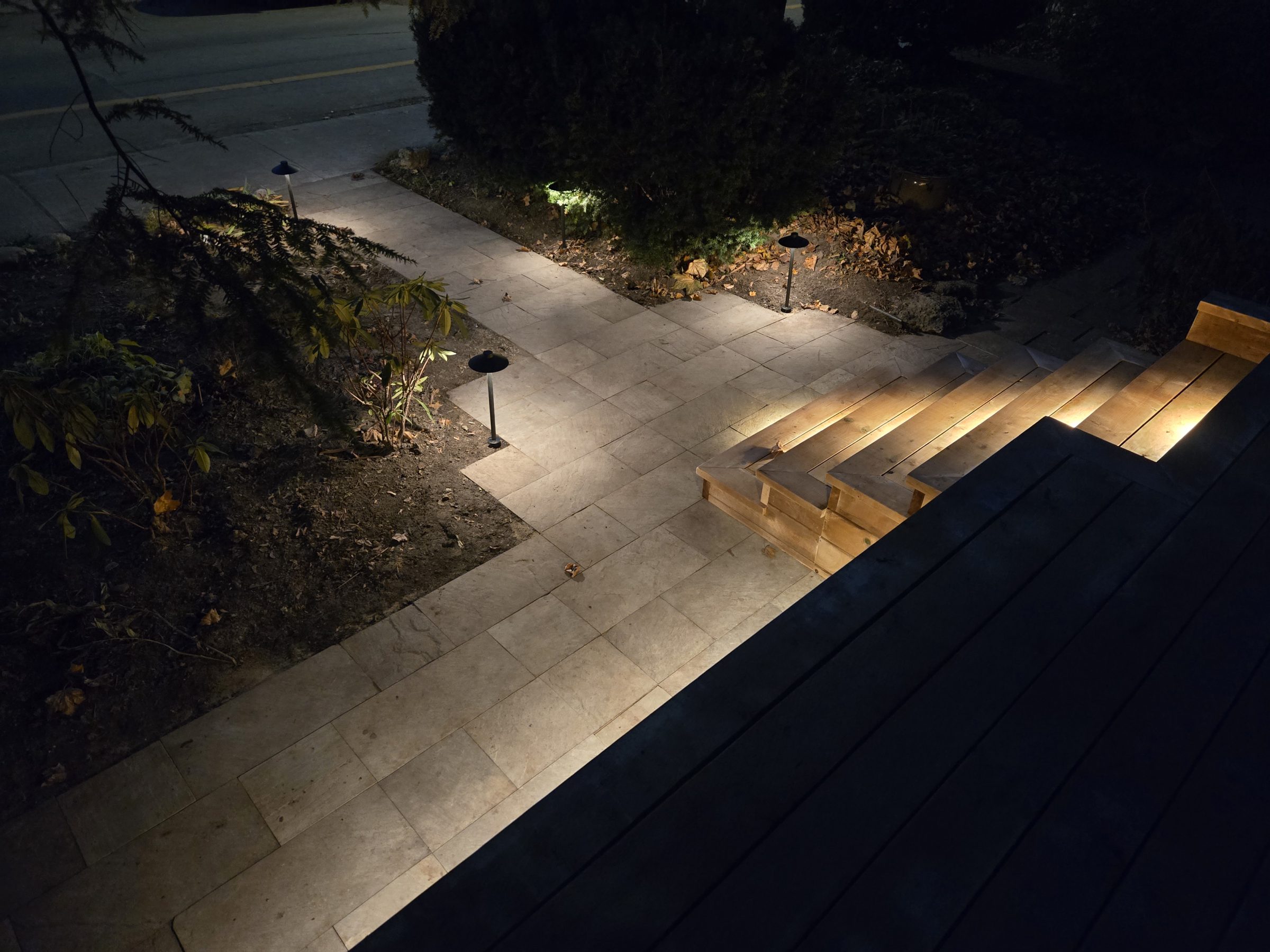 Outdoor path with steps illuminated at night