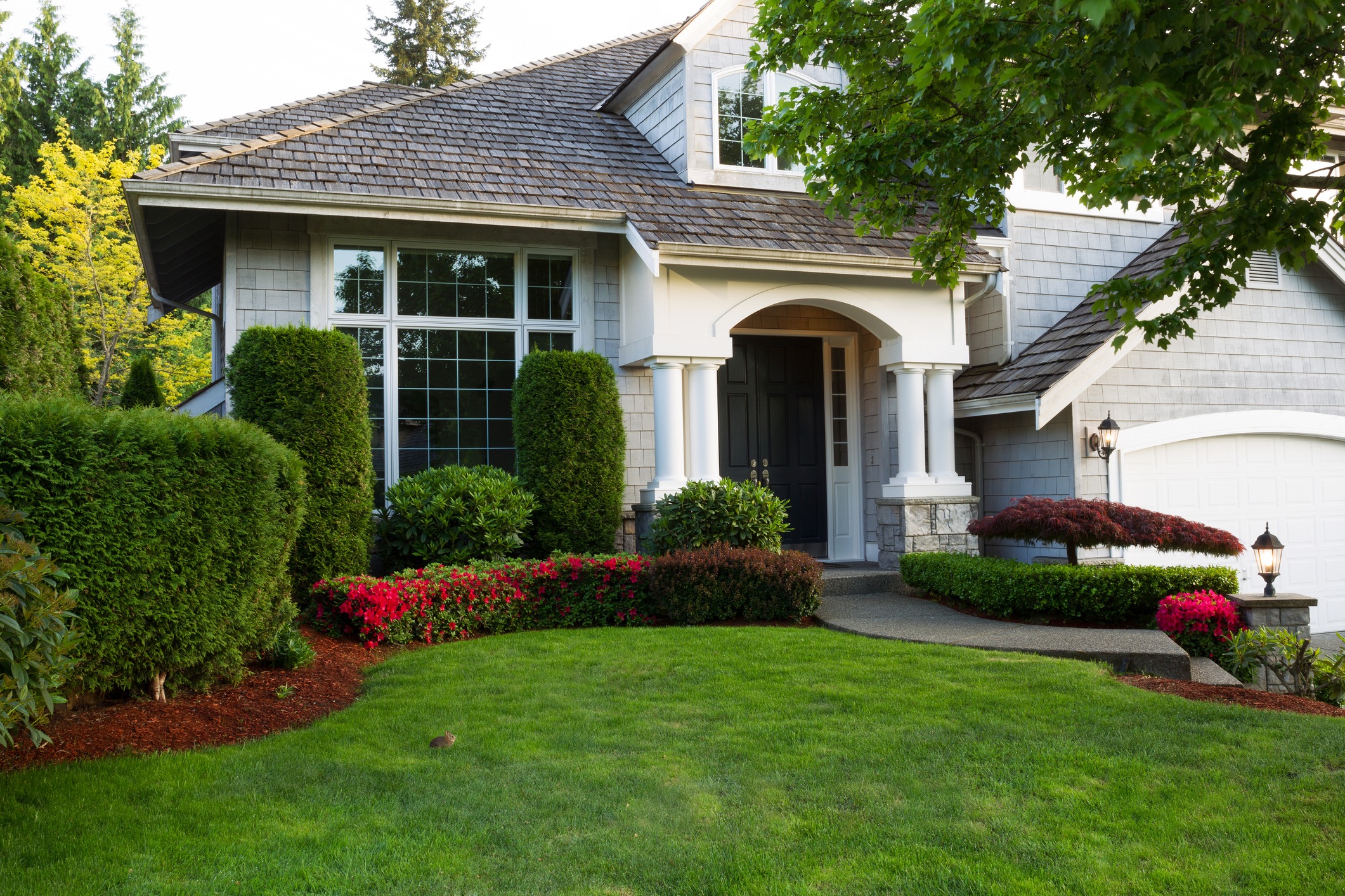 Beautiful suburban house with manicured lawn and greenery.